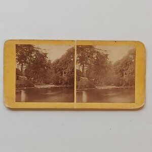 ANTIQUE STEREOGRAPH CARD Victorian Era Lakeside Scene Quaint Cottage